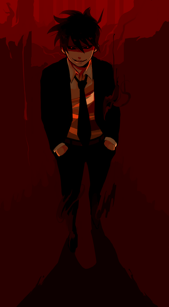 akutabe, belt, black_hair, black_sclera, emuchi, evil, evil_grin, evil_smile