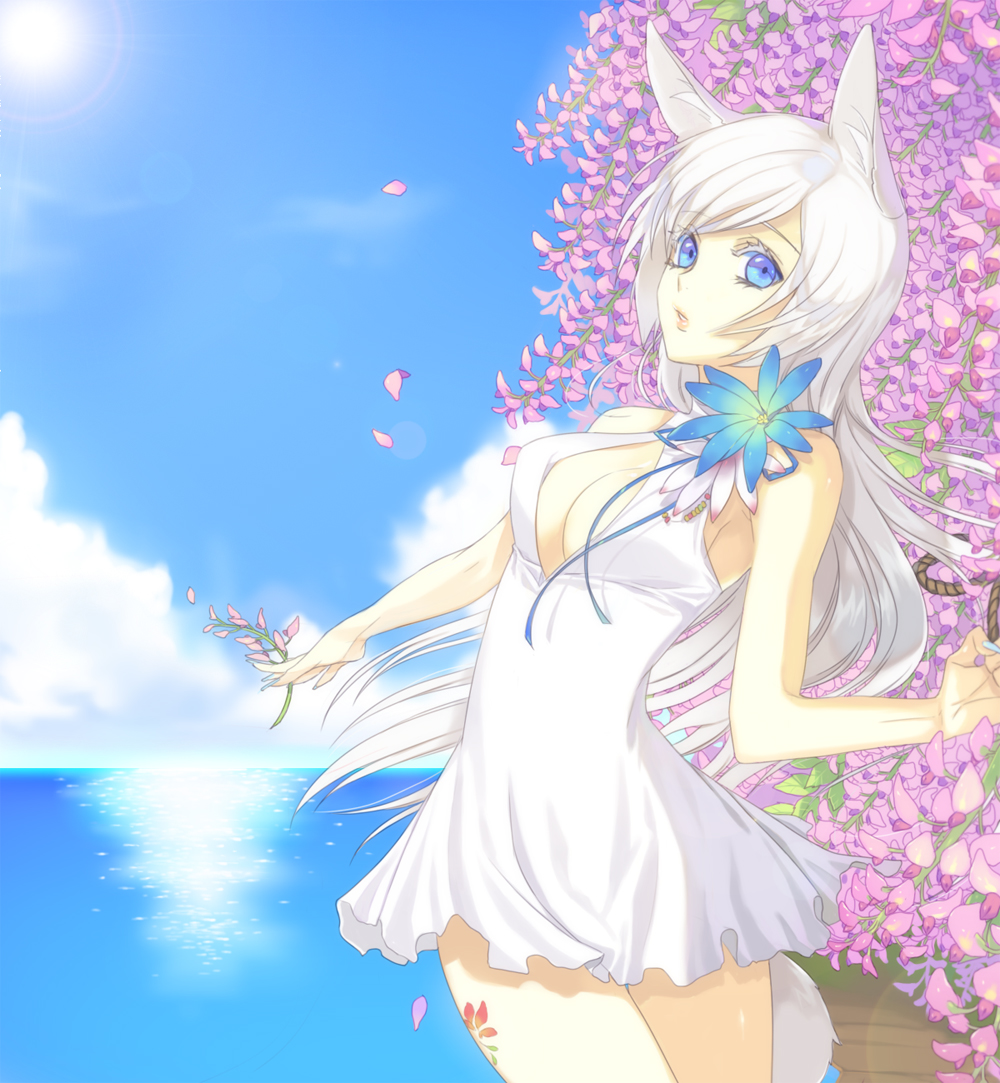 bad_id, blue_eyes, breasts, cleavage, cleavage_cutout, cloud, colored_eyelashes, dress