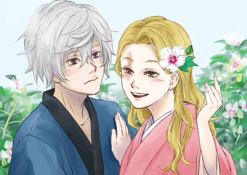 1boy, 1girl, blonde_hair, blush, brown_eyes, commentary_request, dated, flower, flower_bush, gabimaru, haiga0619, hair_between_eyes, hair_flower, hair_ornament, hand_on_another's_chest, highres, japanese_clothes, jigokuraku, kimono, open_mouth, pink_kimono, red_eyes, scar, scar_across_eye, scar_on_face, smile, white_flower, white_hair, yui_(jigokuraku)