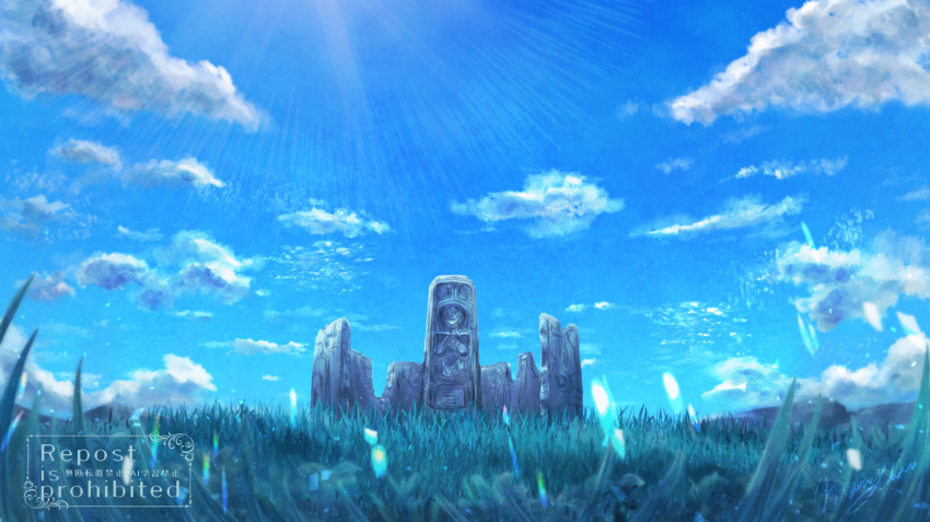 blue_sky, clouds, cloudy_sky, commentary_request, day, grass, highres, mame_yuduru, no_humans, original, outdoors, scenery, sky, structure