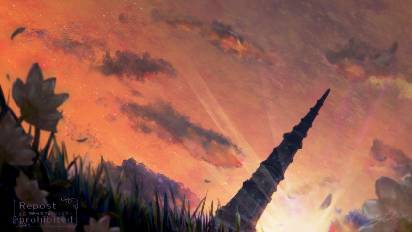 commentary_request, evening, fantasy, flower, grass, highres, mame_yuduru, no_humans