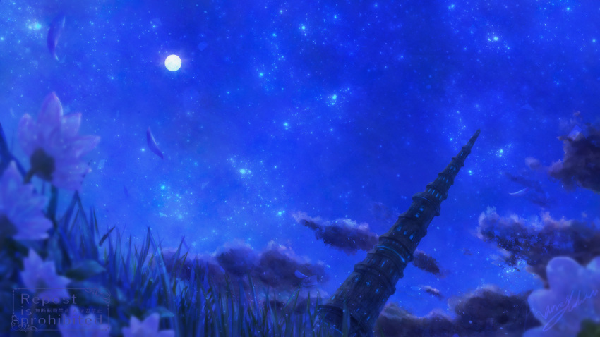 commentary_request, fantasy, flower, full_moon, grass, highres, mame_yuduru, moon