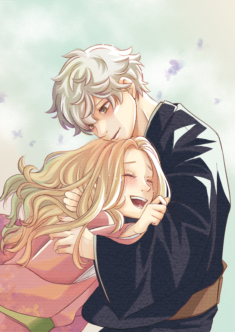 1boy, 1girl, blonde_hair, blush, brown_eyes, closed_eyes, commentary_request, gabimaru