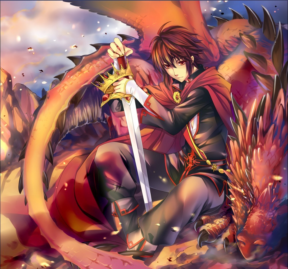 black_hair, cape, crown, dragon, kingchenxi, lucas_(pixiv_fantasia), male, pixiv_fantasia, pixiv_fantasia_5, red_eyes, sitting, solo, sword, weapon