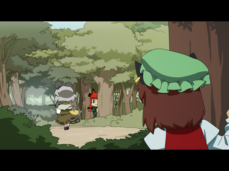 cat_ears, chen, forest, kaenbyou_rin, letterboxed, mouse_ears, nature, nazrin
