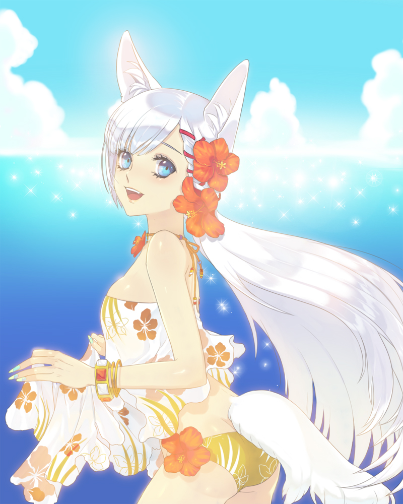 bad_id, bikini_bottom, blue_eyes, bracelet, cloud, copyright_request, crop_top, croptop