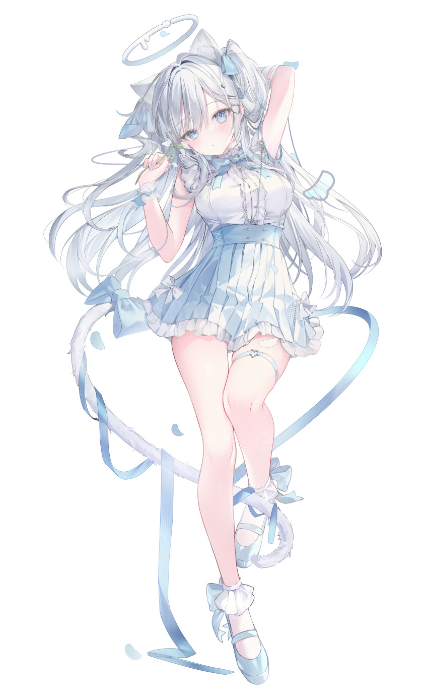 1girl, absurdres, arm_up, bare_legs, blue_boots, blue_eyes, blue_ribbon, blue_skirt