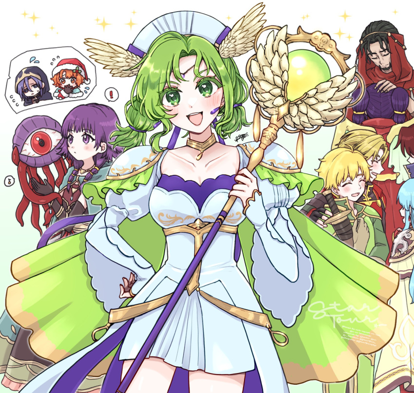 !, 4girls, 6+boys, :d, aqua_hair, armor, artur_(fire_emblem), artur_(silver_saint)_(fire_emblem)