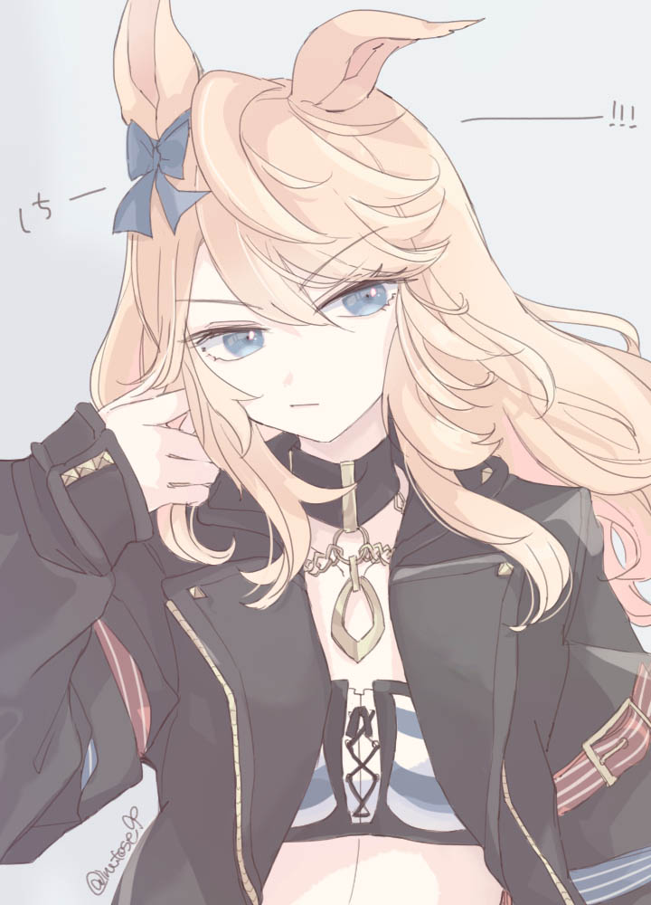 1girl, :|, animal_ears, bandeau, black_jacket, blonde_hair, blue_bow, blue_eyes