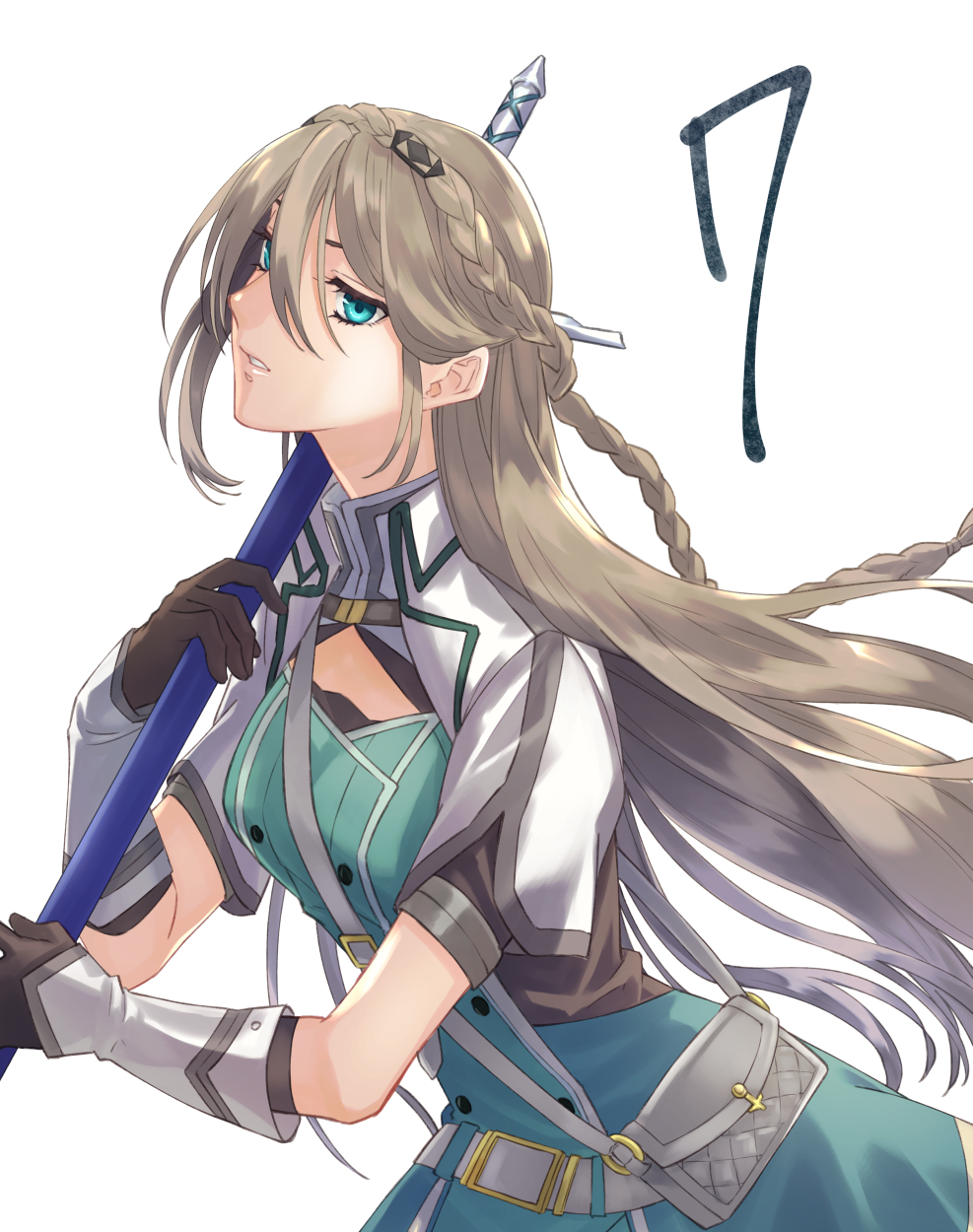 1girl, bag, braid, breasts, brown_hair, cleavage_cutout, clothing_cutout, commentary_request