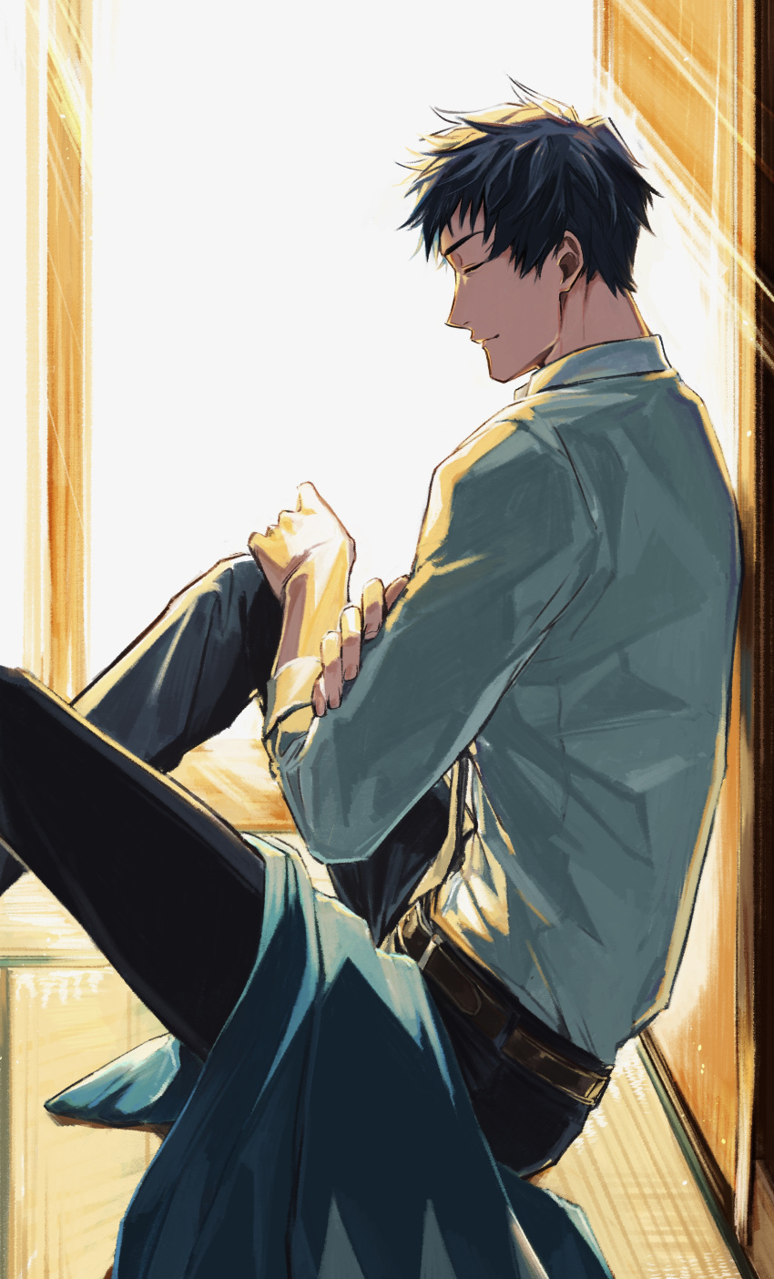 1boy, absurdres, belt, black_hair, black_pants, brown_belt, closed_mouth, collared_shirt