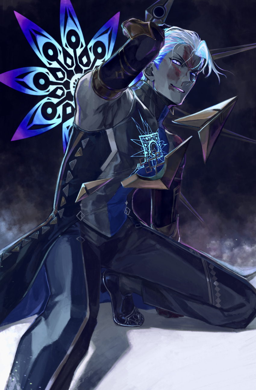 1boy, absurdres, arm_up, black_pants, black_shoes, blood, blood_on_face, colored_skin, commentary_request, fate/grand_order, fate_(series), grey_skin, highres, holding, holding_weapon, indra_(fate), looking_at_viewer, male_focus, mimino_mimizu9, pants, parted_lips, shoes, solo, squatting, weapon, white_eyes, white_hair