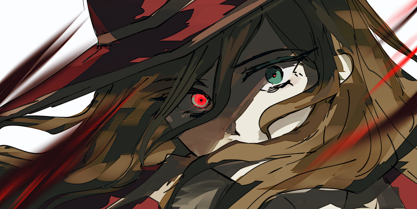 1girl, blood, blurry, blurry_foreground, brown_hair, close-up, commentary_request, green_eyes