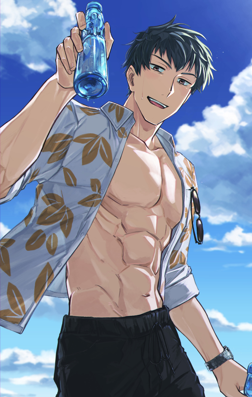 1boy, abs, absurdres, black_shorts, blue_sky, bottle, chaldea_u-summer_island, clouds