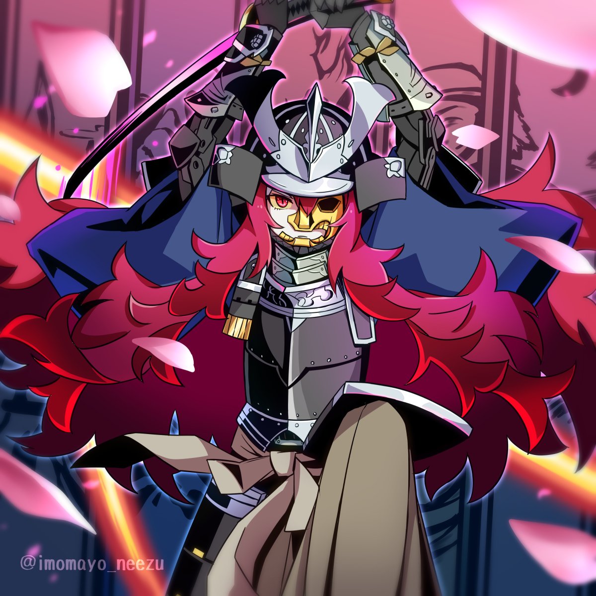 armor, colored_sclera, commentary_request, cowboy_shot, half_mask, helmet, highres, holding