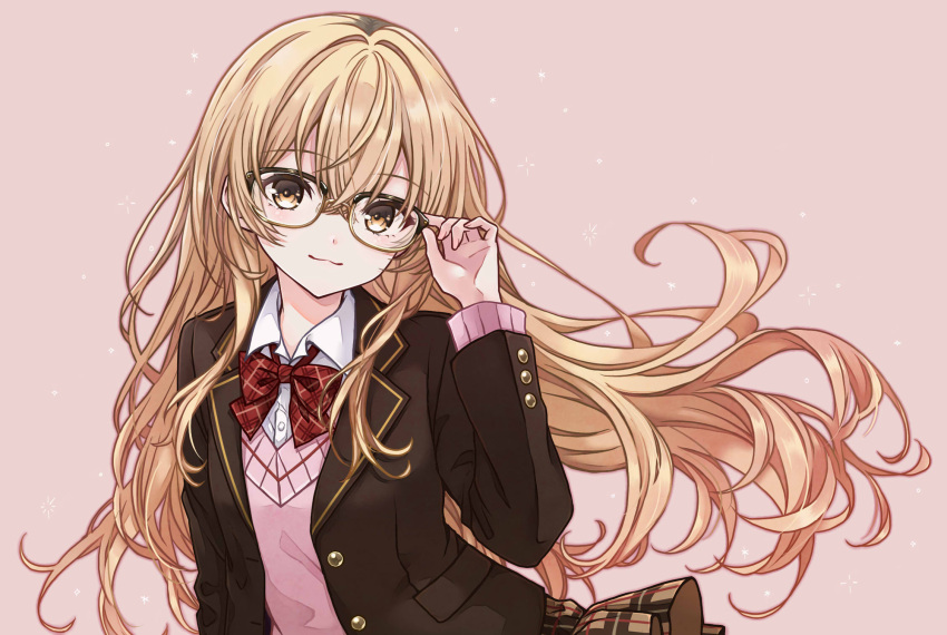1girl, :3, blazer, blonde_hair, bow, bowtie, brown_jacket, cardigan