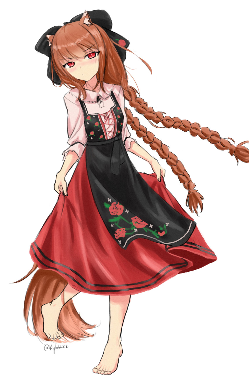 1girl, absurdres, animal_ears, apron, barefoot, black_apron, black_bow, blush
