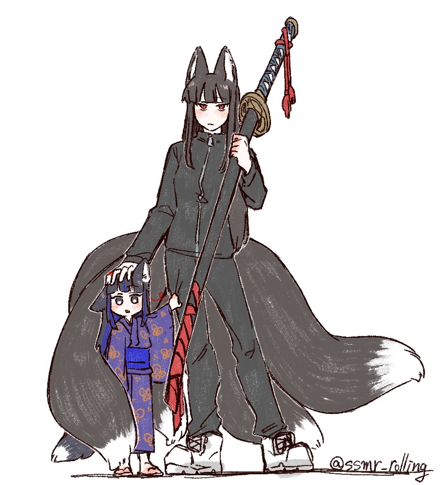 2girls, animal_ears, araya_(project_moon), black_hair, black_jacket, black_pants, blue_kimono, blue_sash