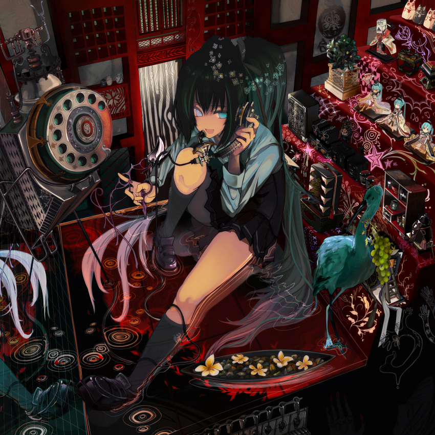 absurdres, alternate_hair_color, alternate_hairstyle, black_hair, blue_eyes, crane, food, fruit, grapes, green_hair, hatsune_miku, heterochromia, highres, hina_ningyou, hinamatsuri, kusari_no_shoujo_(vocaloid), lavender_eyes, long_hair, open_mouth, ponytail, reflection, rotary_phone, school_uniform, shears, solo, ukai_saki, vocaloid, water, when_you_see_it
