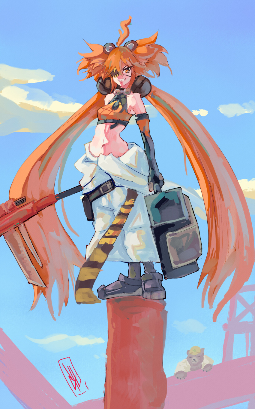 1girl, absurdres, ahoge, animal_ears, bare_shoulders, bear_ears, black_gloves, boutsoftheblind, breasts, commentary, crop_top, english_commentary, eyepatch, fake_animal_ears, fingerless_gloves, gloves, hair_between_eyes, hair_ornament, highres, holding, jumpsuit, koleda_belobog, long_hair, looking_at_viewer, loose_clothes, midriff, navel, pants, red_eyes, red_hair, solo, sphere_hair_ornament, tied_jumpsuit, tied_sleeves, twintails, white_jumpsuit, zenless_zone_zero