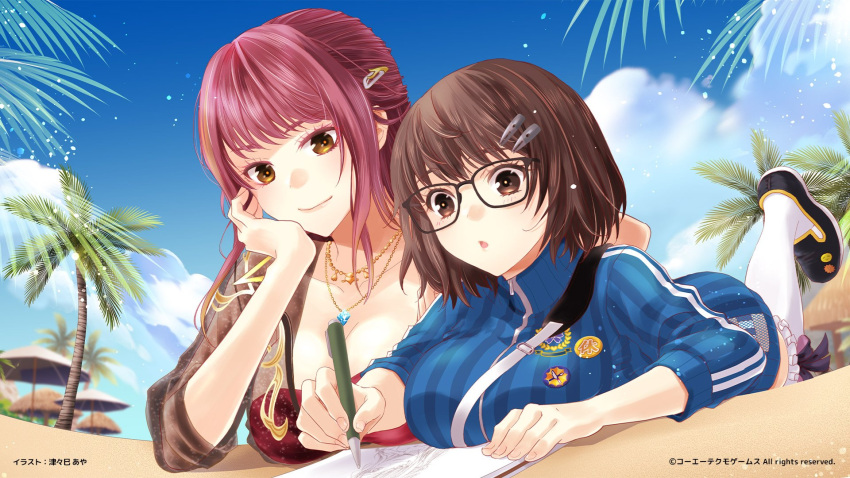 2girls, azusa_(doa), beach, blue_jacket, blue_sky, brown_eyes, brown_hair, commentary_request, copyright_name, copyright_notice, dead_or_alive, dead_or_alive_xtreme, dead_or_alive_xtreme_venus_vacation, drawing_(action), hair_ornament, hairclip, highres, jacket, jewelry, lying, multiple_girls, necklace, official_art, on_stomach, orange_eyes, palm_tree, red_hair, sand, second-party_source, sketchbook, sky, tree, tsukushi_(doa), tsutsumi_aya
