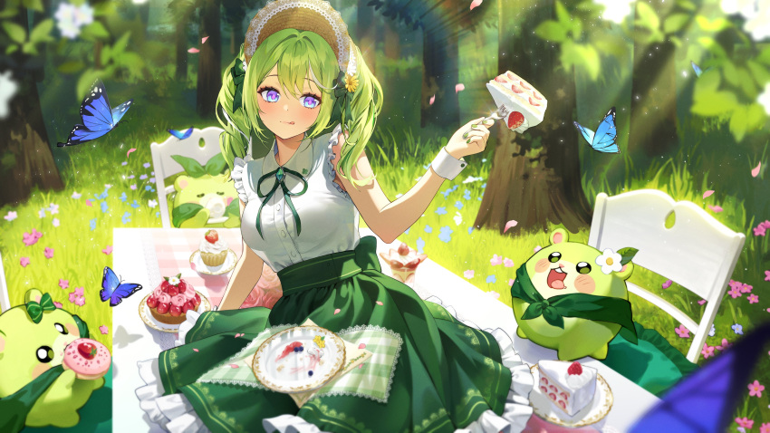 1girl, absurdres, ayoni_623, blue_butterfly, blue_eyes, bonnet, brooch, bug, butterfly, cake, cake_slice, cape, chair, chico_(yuzuha_riko), closed_mouth, collared_shirt, creature, cup, cupcake, doughnut, dress_shirt, drinking, eating, falling_petals, flower, food, fork, frilled_shirt, frilled_skirt, frills, fruit, gem, gradient_eyes, grass, green_cape, green_gem, green_hair, green_nails, green_ribbon, green_skirt, hair_flower, hair_ornament, hair_ribbon, highres, holding, holding_cup, holding_fork, jewelry, multicolored_eyes, multicolored_hair, nail_polish, neck_ribbon, open_mouth, outdoors, parfait, petals, plate, ribbon, shirt, sitting, sitting_on_table, skirt, sleeveless, sleeveless_shirt, stellive, strawberry, streaked_hair, table, tart_(food), teacup, tongue, tongue_out, tree, virtual_youtuber, white_hair, white_shirt, wrist_cuffs, yellow_flower, yuzuha_riko