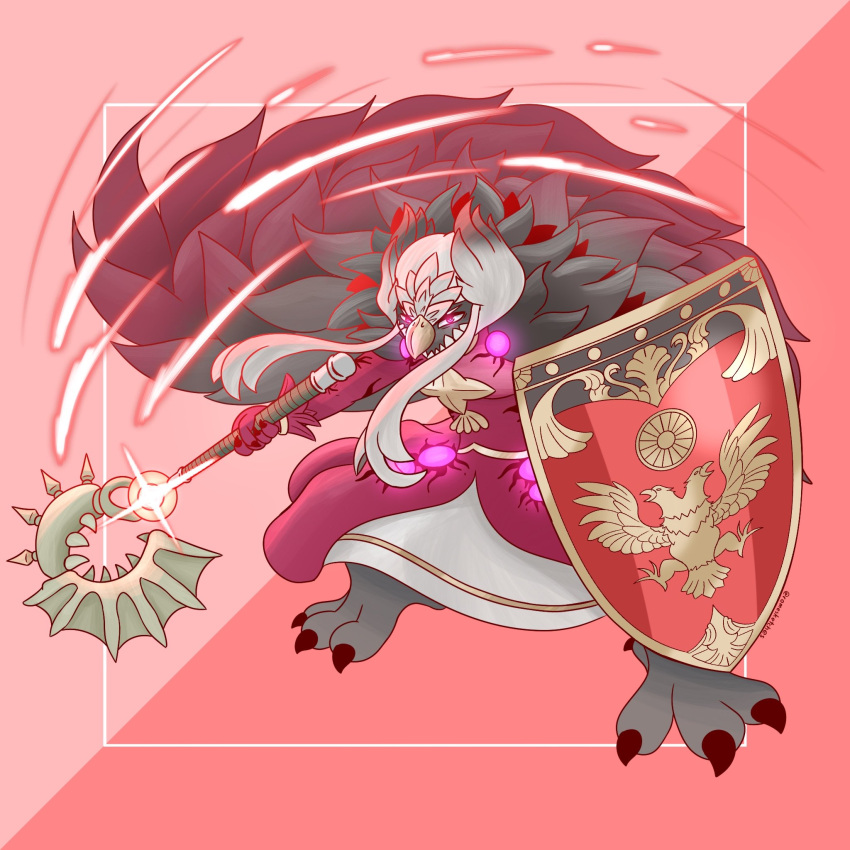 1girl, axe, aymr_(fire_emblem), beak, bird_girl, commentary, dress, edelgard_von_hresvelg