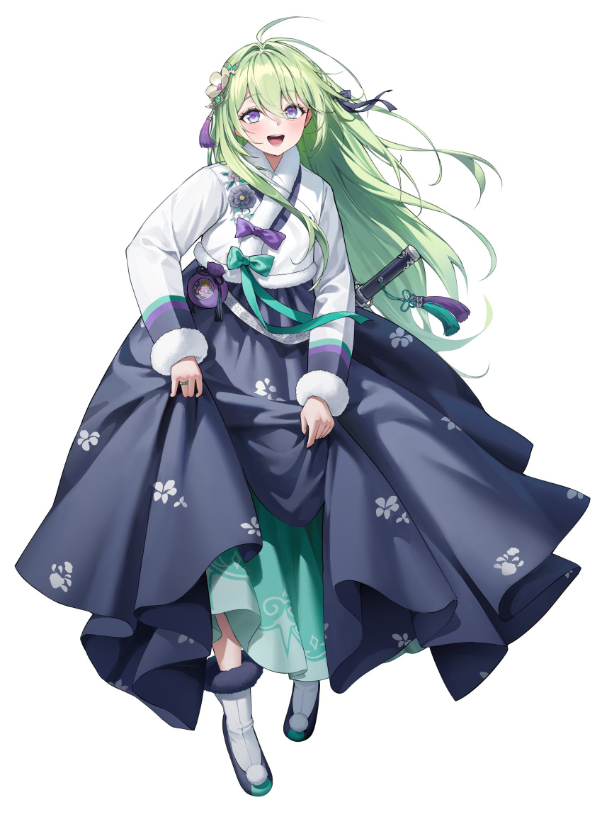 1girl, absurdres, ayoni_623, black_ribbon, black_skirt, blue_eyes, bokjumeoni, boots