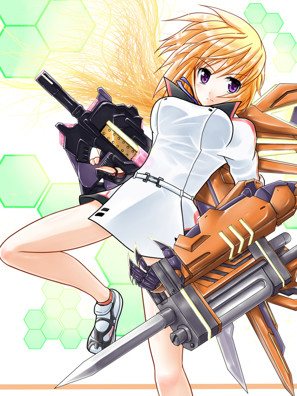 blonde_hair, charlotte_dunois, gun, infinite_stratos, pile_bunker, purple_eyes, rafale_revive_custom_ii, solo