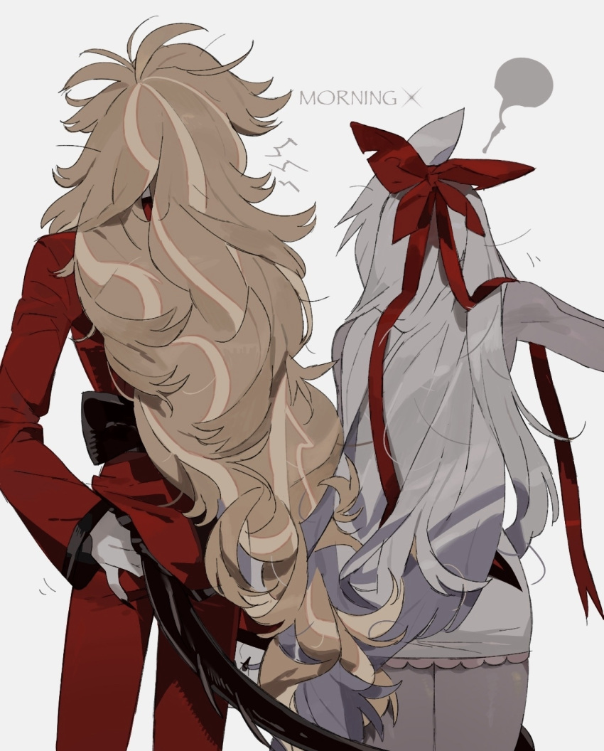 2girls, back, bilidongdong, blonde_hair, bow, charlie_morningstar, colored_skin, couple