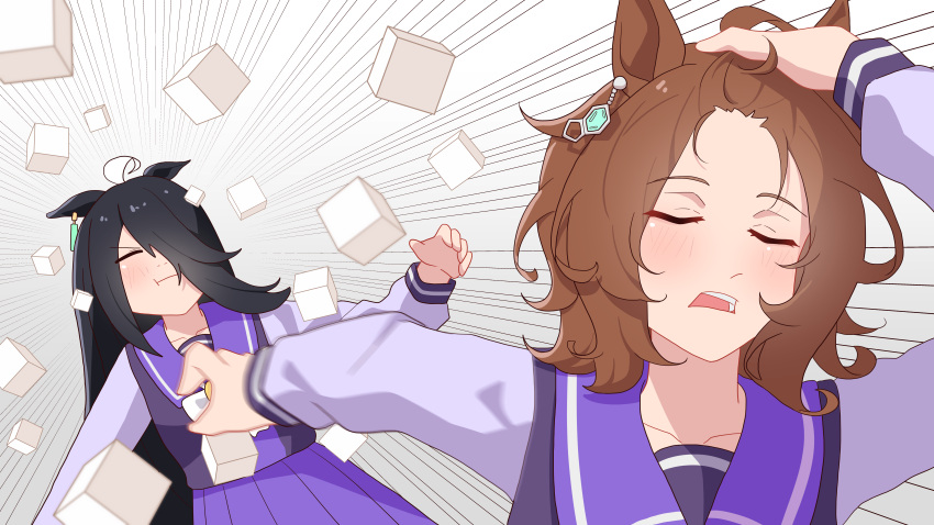 2girls, absurdres, adjusting_hair, agnes_tachyon_(umamusume), ahoge, animal_ears, black_hair, blush