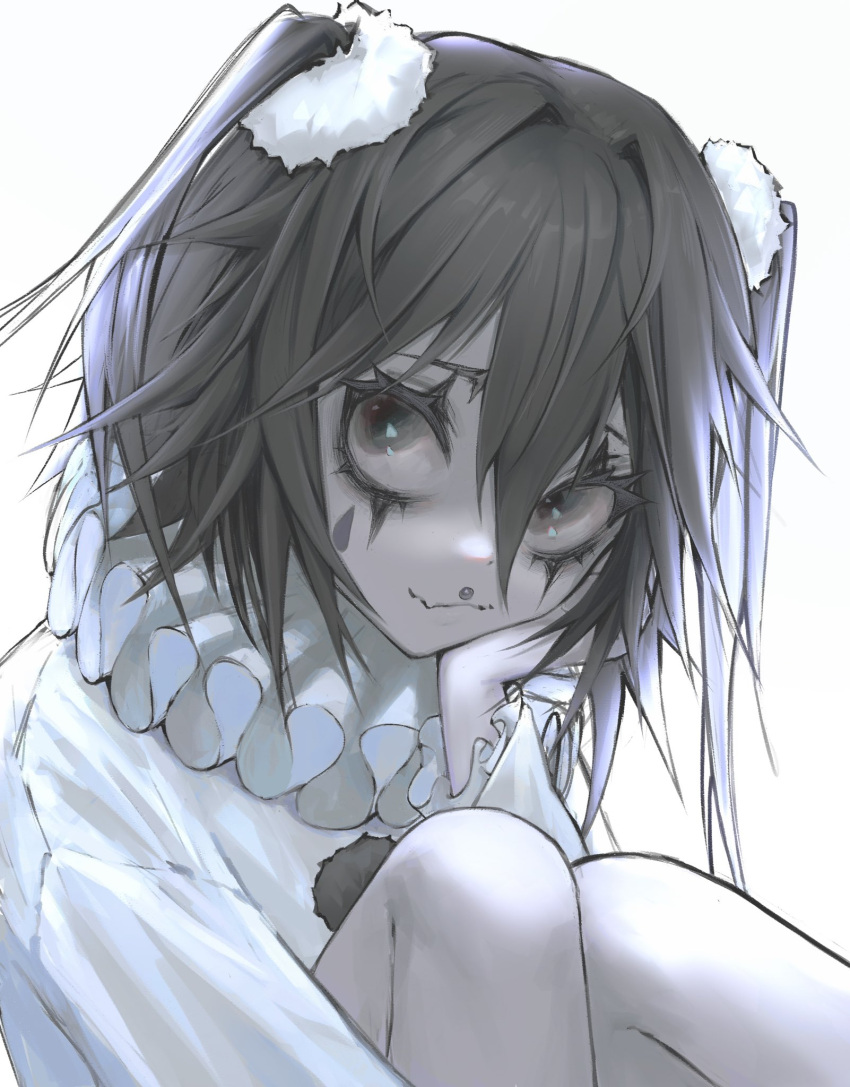 1girl, black_eyes, black_hair, closed_mouth, collar, double-parted_bangs, facial_mark, hair_between_eyes