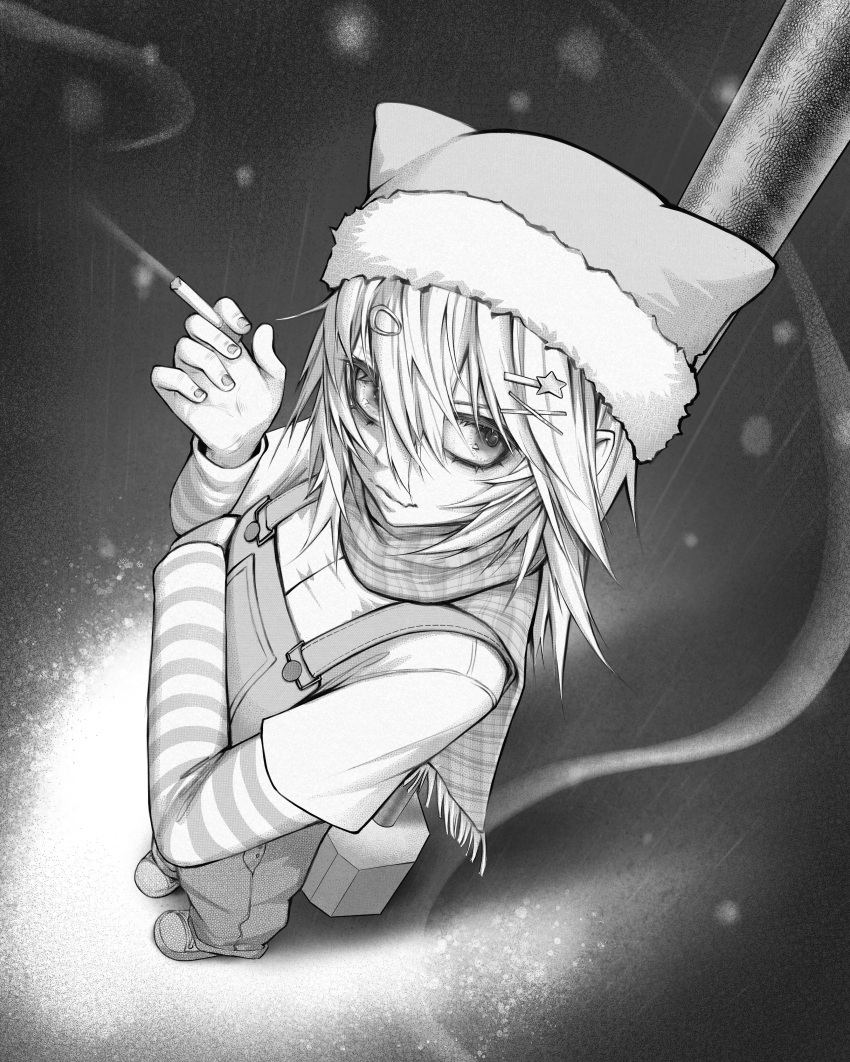 1girl, absurdres, animal_ear_headwear, animal_hat, beanie, cigarette, closed_mouth, from_above