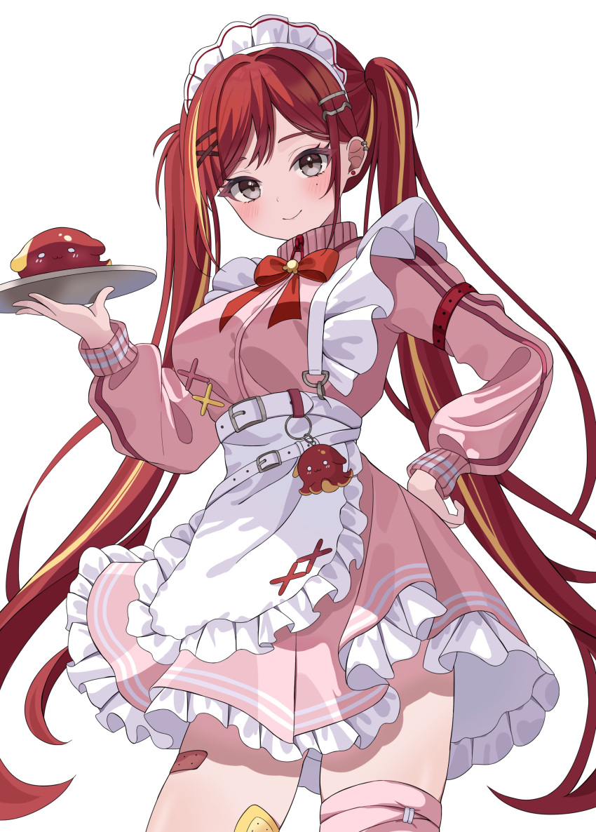 1girl, absurdres, akane_lize, apron, arm_strap, bandaid, bandaid_on_leg, belt, blonde_hair, bow, bowtie, cowboy_shot, creature, ear_piercing, frilled_apron, frilled_skirt, frills, grey_eyes, hair_ornament, hairclip, hanabi_(minjo_0220), hand_on_own_hip, hashtag-only_commentary, highres, holding, holding_tray, jacket, long_hair, long_sleeves, looking_at_viewer, maid, maid_apron, maid_headdress, mole, mole_under_eye, multicolored_hair, pienna_(akane_lize), piercing, pink_jacket, pink_skirt, red_bow, red_bowtie, red_hair, simple_background, skirt, smile, stellive, streaked_hair, track_jacket, tray, turtleneck, turtleneck_jacket, twintails, unconventional_maid, very_long_hair, virtual_youtuber, white_apron, white_background, white_belt
