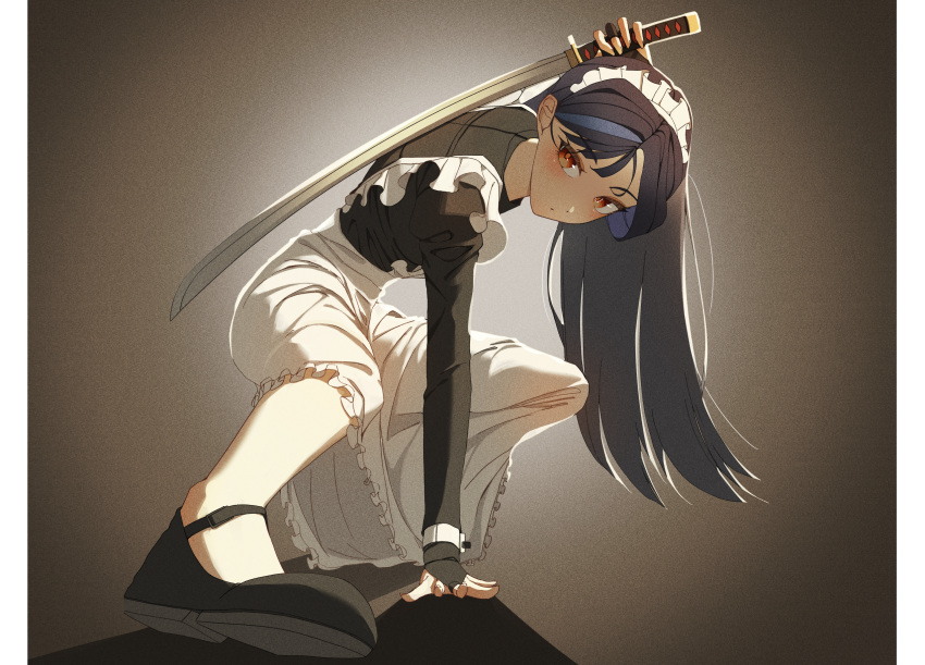 1girl, apron, arm_support, arm_up, black_dress, black_hair, black_shirt, black_shoes