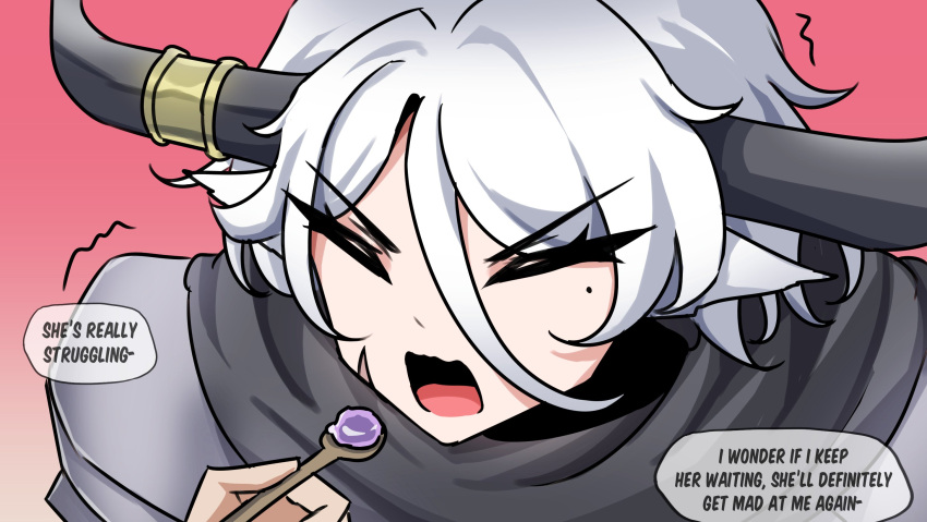 1girl, animal_ears, armor, blush, closed_eyes, commentary, cow_ears, cow_girl, cow_horns, english_commentary, english_text, gradient_background, highres, horns, mole, mole_under_eye, nachtflugel, open_mouth, original, scar, scar_on_face, short_hair, spoon, trembling