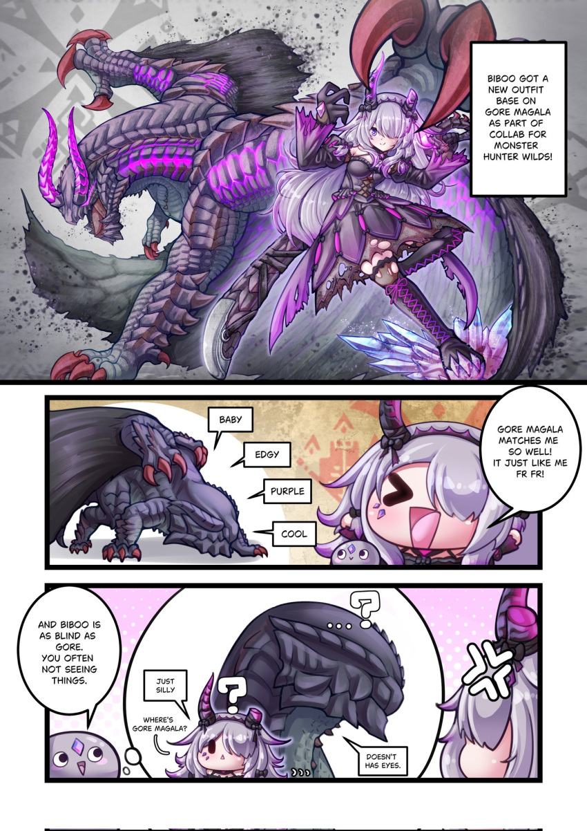1girl, armor, armored_dress, asymmetrical_horns, black_hair, black_scales, claws, commentary