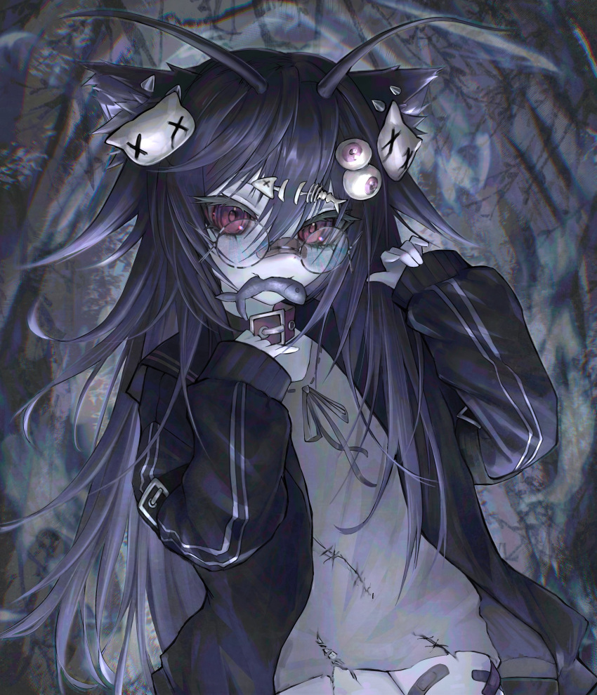 1girl, absurdres, animal_collar, animal_ears, antennae, bandaid, bandaid_on_face, bandaid_on_nose