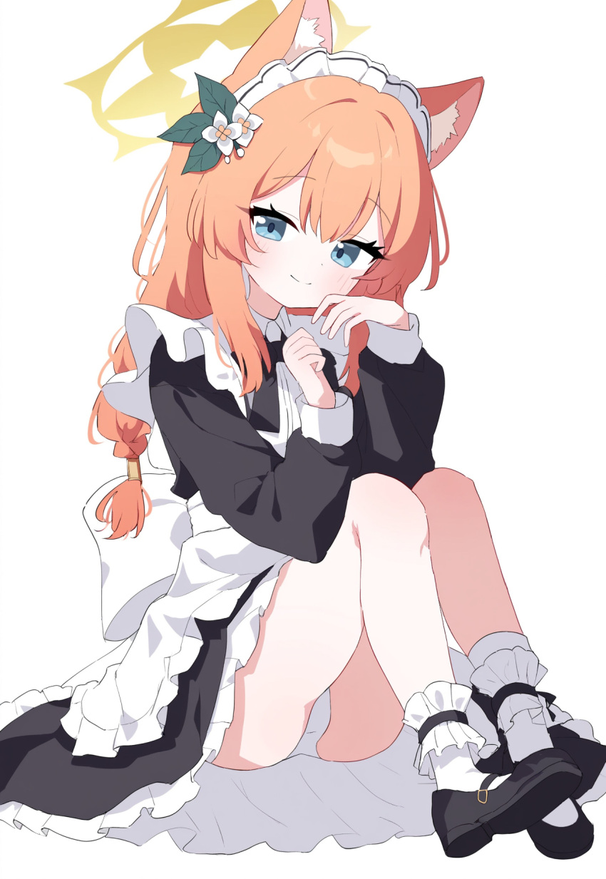 1girl, animal_ears, apron, auto_ins, black_dress, blue_archive, blue_eyes, cat_ears