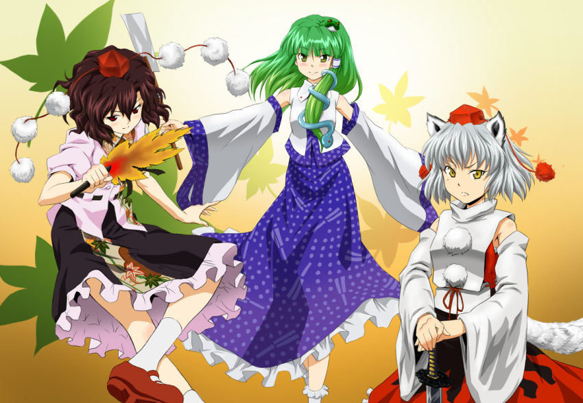 animal_ears, detached_sleeves, gohei, green_eyes, green_hair, hair_ornament, hat, hop-step-jump