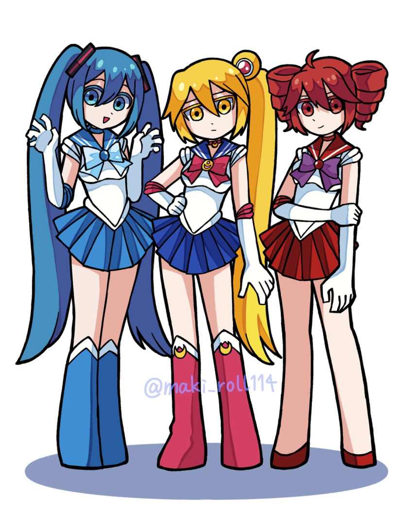 3girls, ahoge, akita_neru, aqua_eyes, aqua_hair, bishoujo_senshi_sailor_moon, blonde_hair, blue_sailor_collar