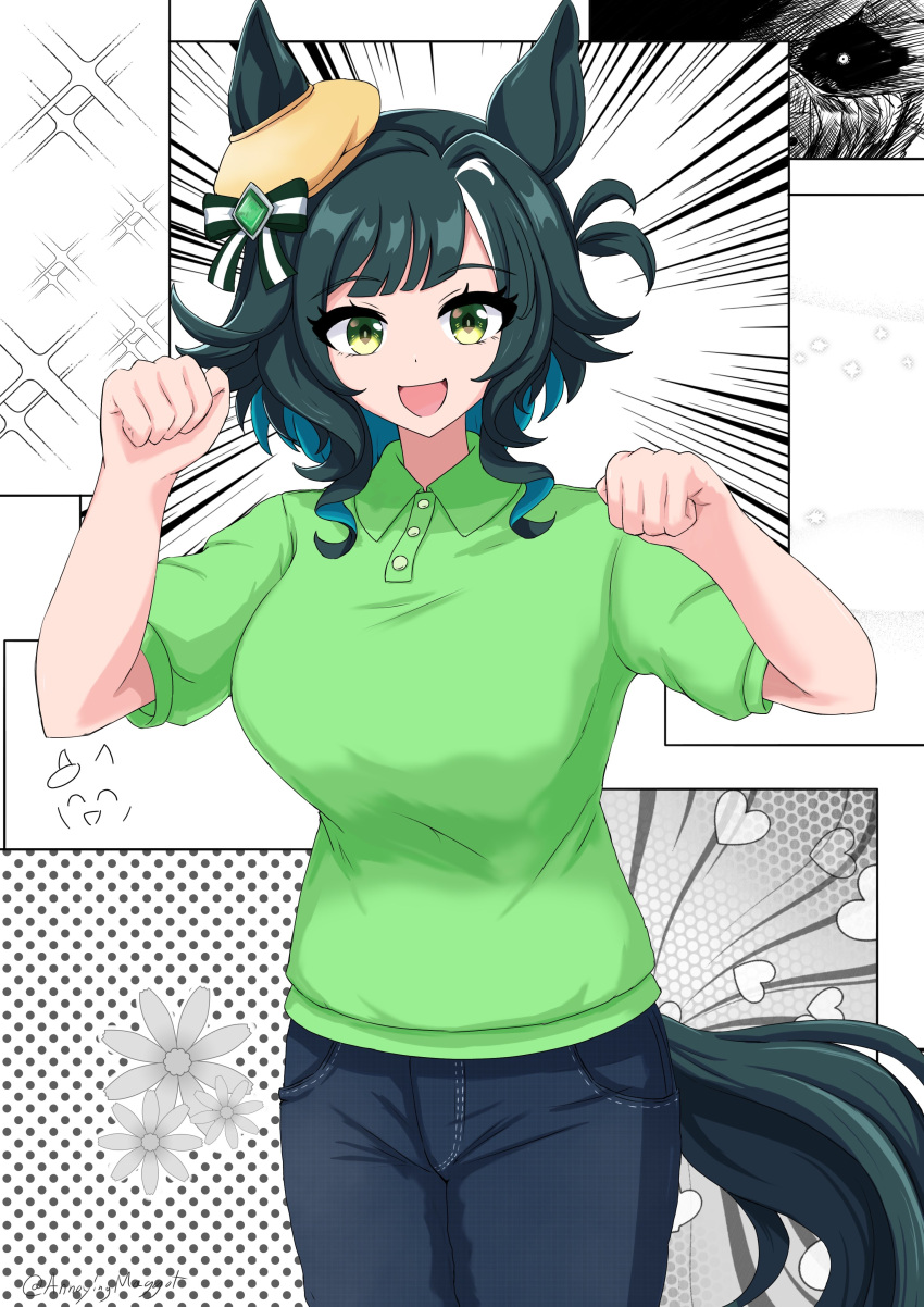 absurdres, animal_ears, annoyingmaggot, breasts, gloves, green_eyes, green_hair, hat, highres, horse_ears, horse_girl, horse_tail, kiseki_(miracle_author)_(umamusume), kiseki_(umamusume), large_breasts, medium_hair, open_mouth, pen, shorts, simple_background, tagme, tail, thighs, umamusume, white_background