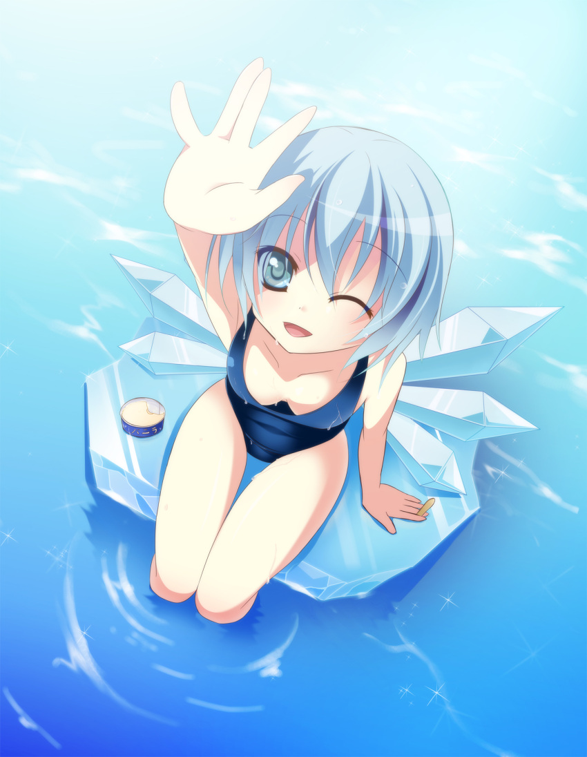 blue_eyes, blue_hair, can, chibi_arisu, cirno, down_blouse, feet_in_water, from_above, highres, ice, one-piece_swimsuit, short_hair, soaking_feet, solo, swimsuit, touhou, v, water, wings, wink