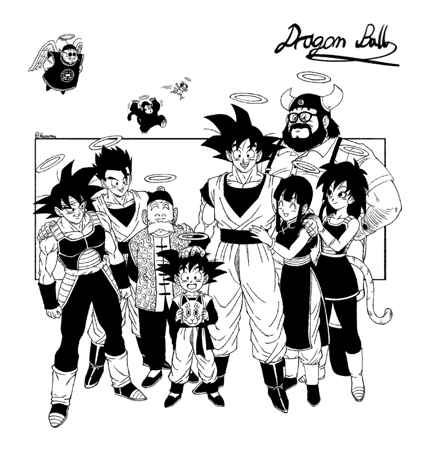 2girls, 6+boys, beard, bubbles_(dragon_ball), bug, caressing_testicles, chi-chi_(dragon_ball), china_dress