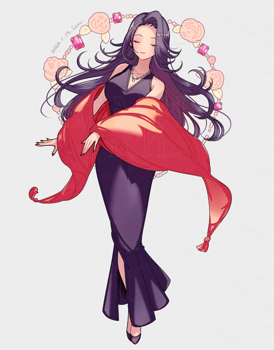 1girl, bare_shoulders, black_hair, closed_eyes, commentary_request, dress, evening_gown, ich.