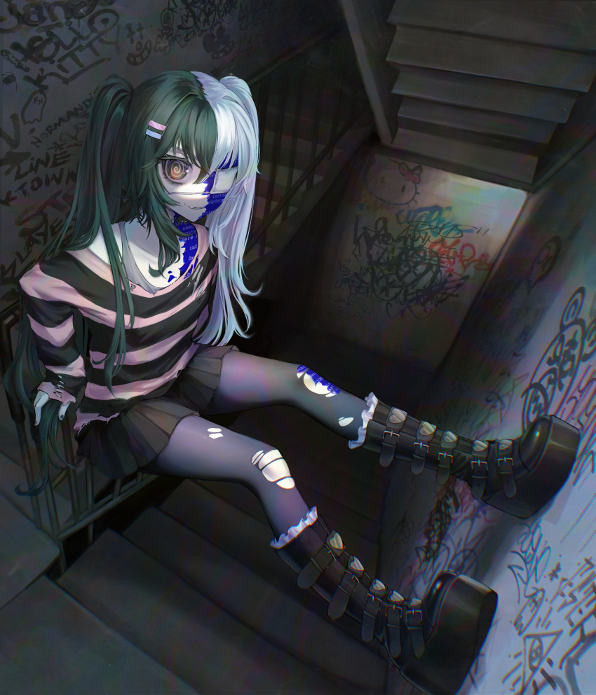 1girl, @_@, absurdres, black_boots, black_skirt, black_thighhighs, boots, brown_eyes