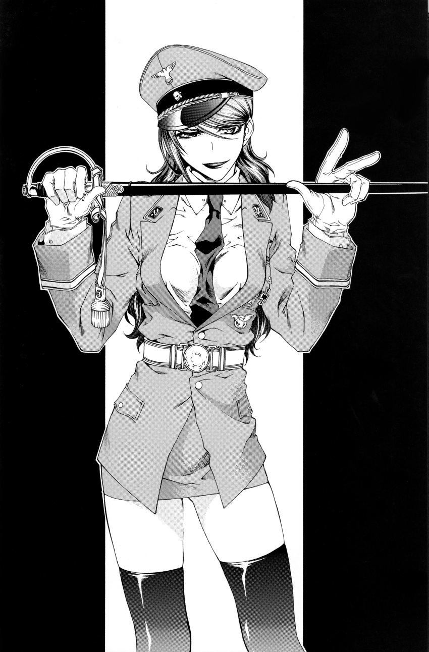 gloves, hat, highres, monochrome, mother_keeper, short_hair, smile, solo