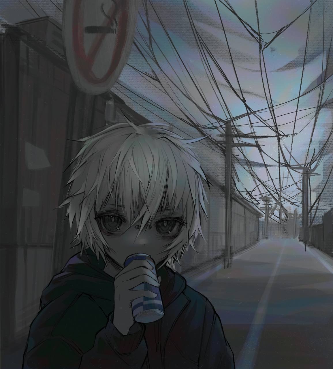 1boy, black_eyes, blue_jacket, can, commentary, drink_can, drinking, face_piercing, grey_hair, grey_sky, hair_between_eyes, highres, holding, holding_can, jacket, long_sleeves, looking_at_viewer, male_focus, mdm4, no_smoking, original, outdoors, piercing, road, short_hair, sky, solo, street, symbol-only_commentary, upper_body