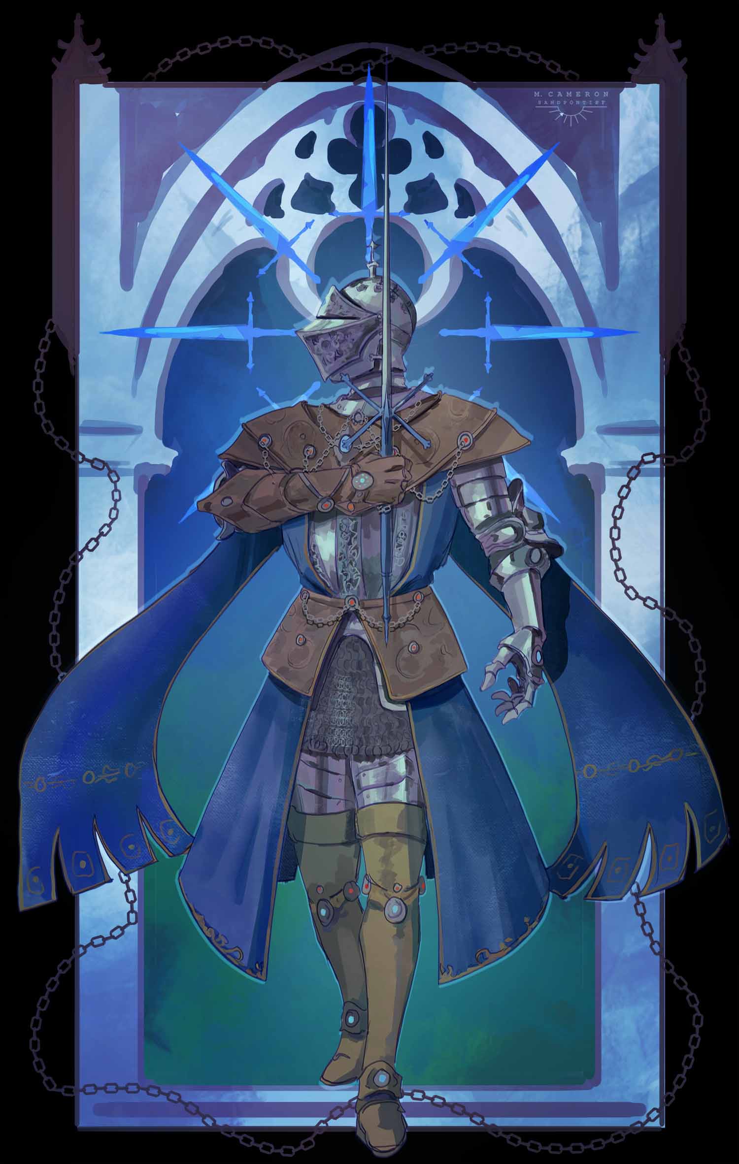 1other, ambiguous_gender, architecture, armor, blue_cape, boots, border, brown_gloves