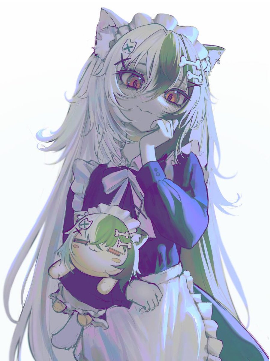 1girl, animal_ear_fluff, animal_ears, apron, bone_hair_ornament, brown_eyes, cat_ears, cat_girl